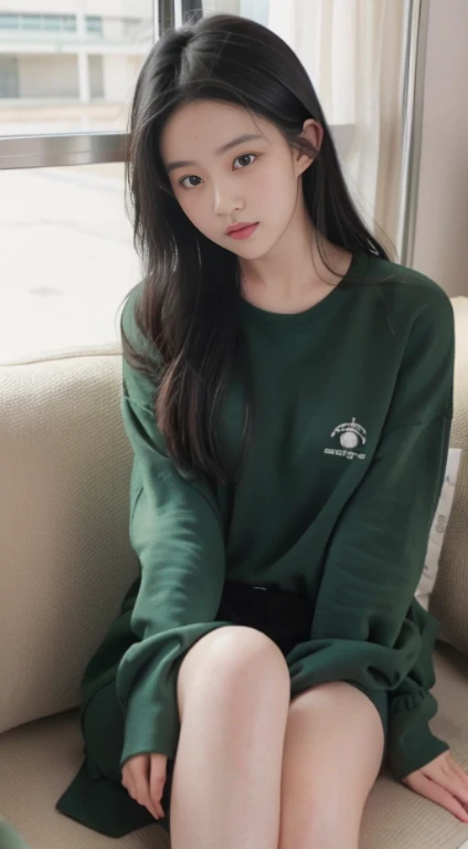 a girl with black hair sitting in a green sweatshirt, in the style of he jiaying, i can't believe how beautiful this is, shiny eyes, light white and light black, soft-edged 