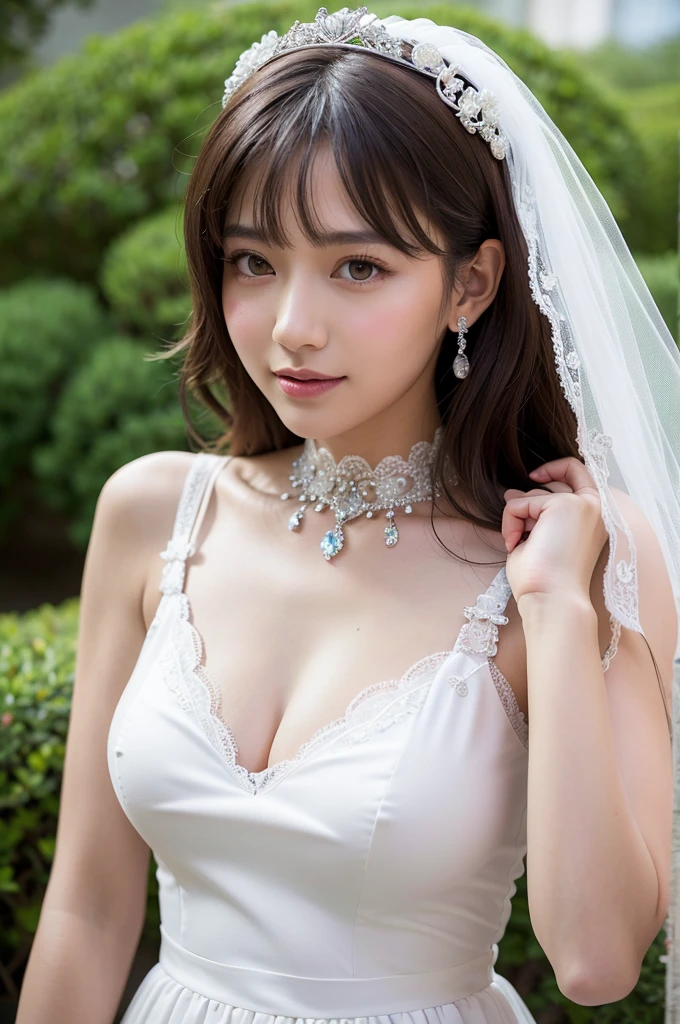 8K, RAW photo, highest quality, masterpiece: 1.2), Super detailed, ultra high resolution, (realistic, realistic photos: 1.37), portrait, High-definition RAW color photos, professional photos, Particle Texture Photography, very delicate and beautiful, very detailed, 8K wallpapers, Amazingly detailed details, huge file size, official art, Highly detailed CG Unity 8K wallpaper, very detailed beautiful girl, very detailed face, very fine eyes, very detailed skin, very detailed fingers, very detailed nose, very detailed mouth, perfect anatomy, very detailed background, very detailed clothes, 1 girl, (20-year-old: 1.2), 20th generation, cute girl, realistic body,, short hair, (bangs: 1.2), smile, cute, youth, cute face, realistic face, Light brown eyes、delicate eyes, 垂れ目highest quality, masterpiece, 8K quality, high detail, photographic style, detailed background, 28 year old beautiful Japanese woman、bridal tiara, bridal veil, bridal gauntlet, round idium chest、big breasts、appealing breasts、appealing breastsのvalley間、semi body shot、White wedding dresses、valley、landscaped gardens、(White Princess Line Wedding Dresses、bridal tiara、white choker、white lace gloves、white pantyhose:1.2),(white skirt、beautiful embroidery、White lace garter belt:1.2),Beautiful necklaces、Upper body, Beautiful Wedding Venue,With a well-shaped bust, Clear waist, and beautiful light brown hair, Captivate everyone around. Please generate a detailed description of this scene.,fair and beautiful skin、Gentle atmosphere、bangs、beautiful hair、cute face、Portrait、cute girl、Popular models in Japan、smiling kindly、綺麗な胸のvalley間、