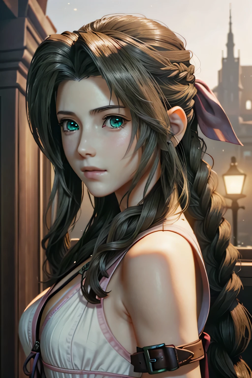((ultra detailed, masterpiece, best quality)) FF7Aerith, 1girl, solo, single braid, green eyes, brown hair,