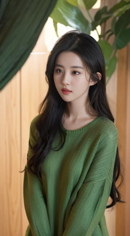 the girl is wearing a green sweater, in the style of gongbi, exaggerated facial features, 32k uhd, fairycore, shiny eyes, matte photo, sleek