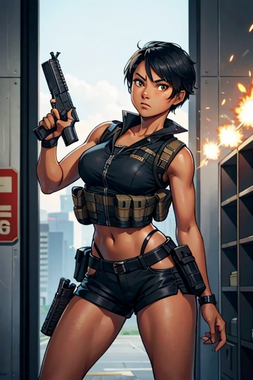 A woman with dark skin aims a gun at you, looking angry.