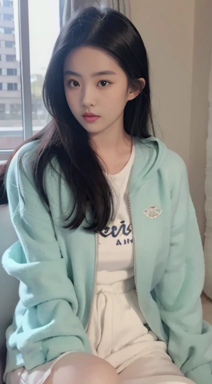 asian girl wearing a white sweatshirt and black jacket, in the style of light emerald and light black, precise and lifelike, subtle shading, webcam, chinapunk, shiny eyes, soft, romantic scenes