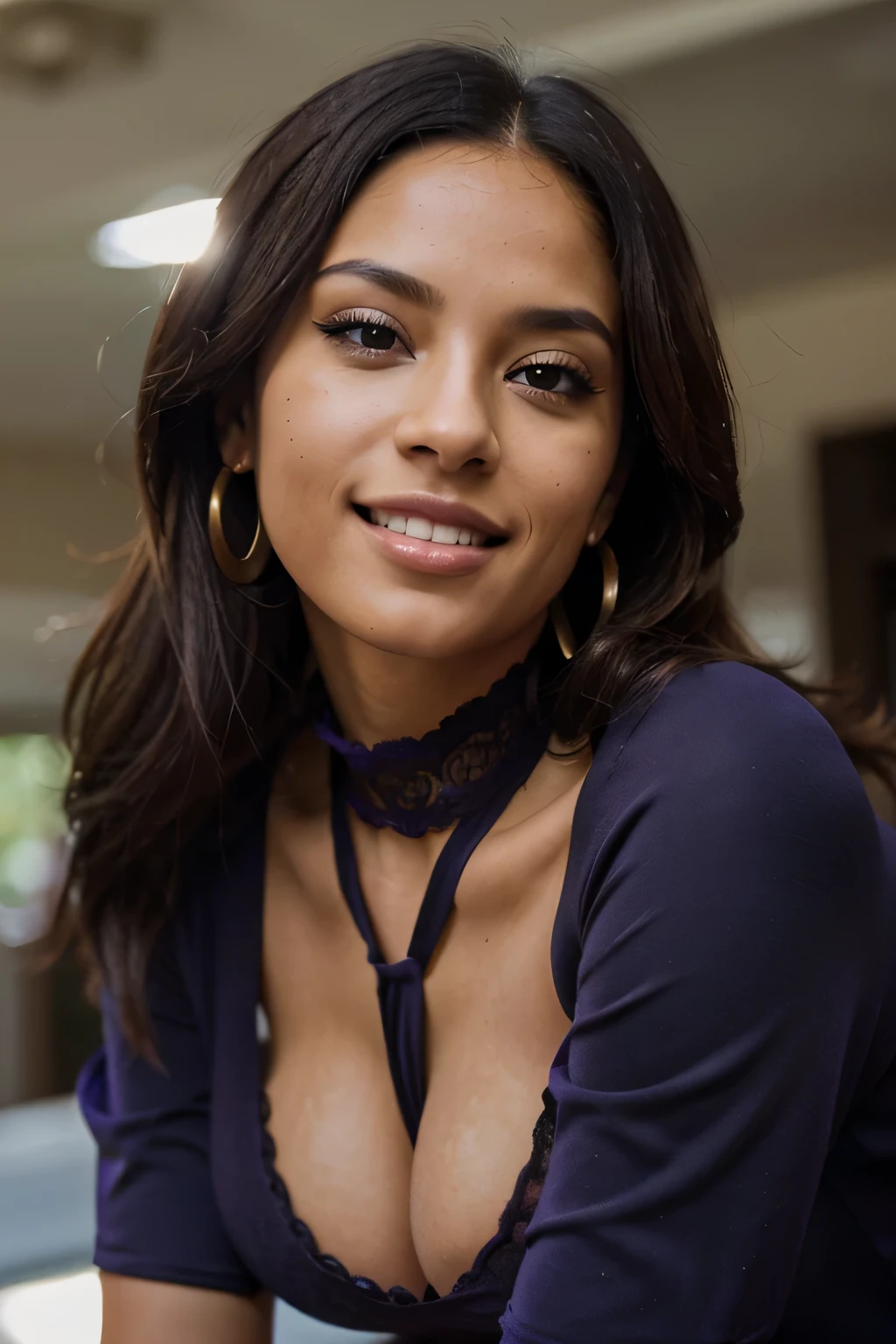a mixed black latina woman, in a purple jumpsuit, breast covered wearing sportgear , sitting in car, pretty teeth smile, background blur, focus, professional photography, dynamic angle shot, film grain, bokeh, ray tracing, dynamic lighting, tilt camera, from front shot, lens flare, (((masterpiece))), ((best quality)), , ((intricate detailed)), ((realistic)), (50mm Sigma f/1.4 ZEISS lens, F1.4, 1/800s, ISO 100, photograpy:1.1), perspective,milf, mature woman, highly detailed, illustration, 1girl, big breasts,big butt beautiful detailed eyes,long hair, bang, brown hair, brown eyes, black choker, earrings, detailed background, perfect eyes, seductive eyes, looking at the viewer, from front