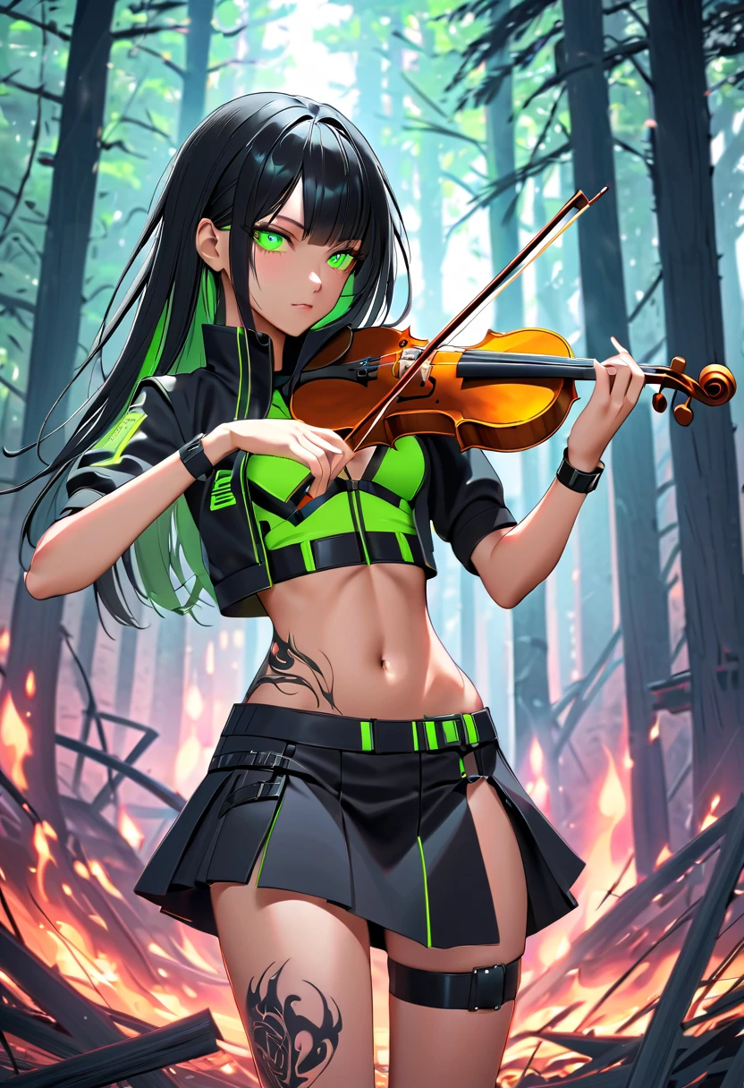 1 girl, solo, long_hair, bangs_between_the_eyes black_hair_with_strands_green, bi_color_
green_neon eyes, sexy_face, violin_in_hand, Playing_violin_with_your_hands, cyberpunk_clothes, short_jacket, navel appears, short_skirt, scarred_legs, left_arm_band, tattoo_above_navel_background_of_abandoned_FOREST_EM_FLAMES_BLACKS, manga_style_image .