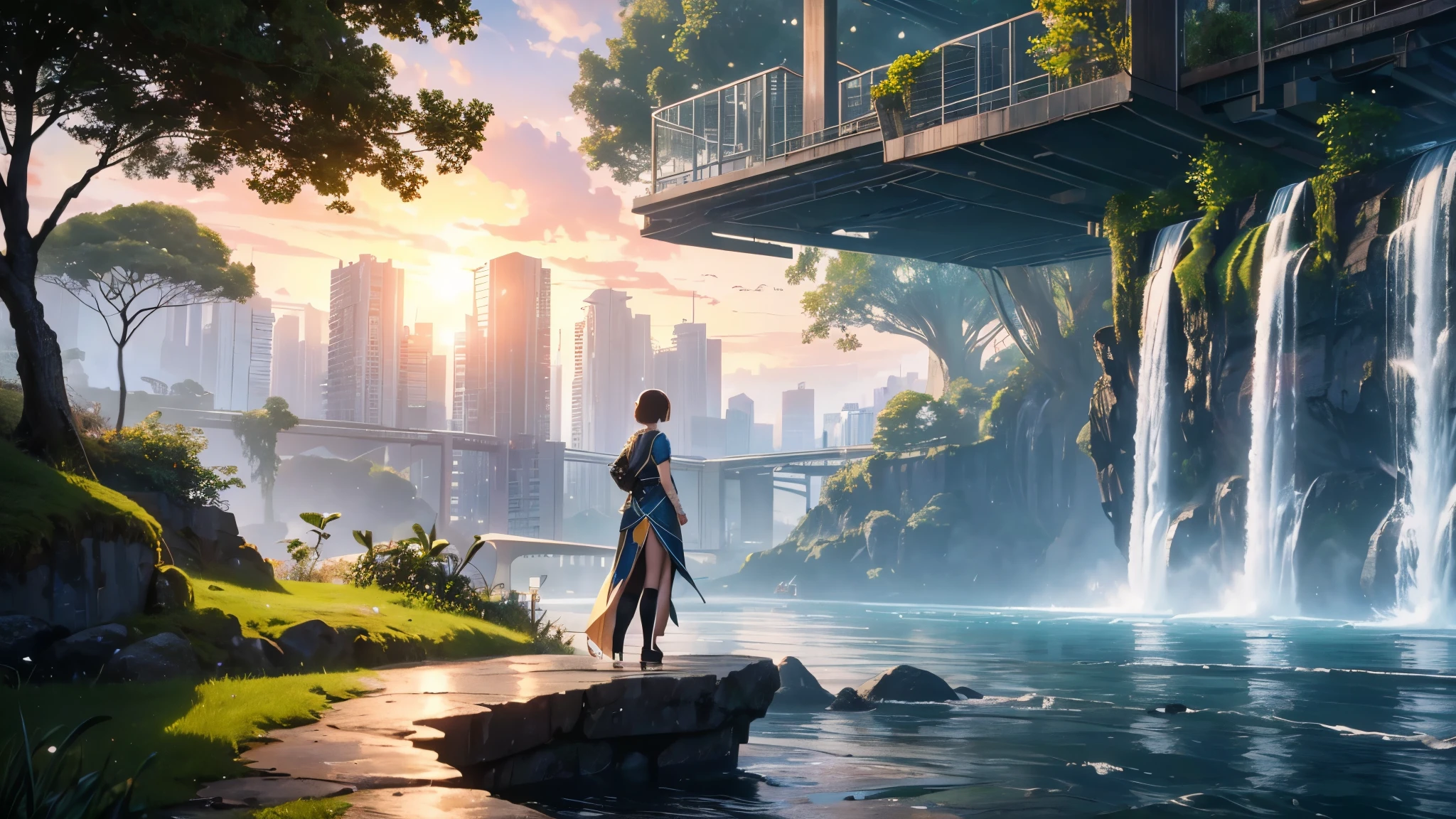 masterpiece, best quality, 16K UHD,
futuristic floating city,
contemplating the scenic beauty,
a girl in a futuristic outfit with short bobbed hair,
ultra-detailed, photo-realistic,
huge urban high-tech tablet platform,
advanced architecture blending seamlessly with nature,
surrounded by small airships and colorful lights,
transparent pathway leading to the building,
lush greenery and cascading waterfalls,
epic sunset illuminating the magnificent skyline,
sparkling river reflecting the vibrant colors,
minimalist design with harmony and sustainability,