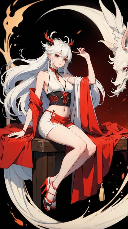 a girl，white hair，red hanfu，With dragon horns on his head，It&#39;s the Dragon Girl，full body picture，Surrounded by a little white dragon，full body picture，High heel，Leaking out of the thighs