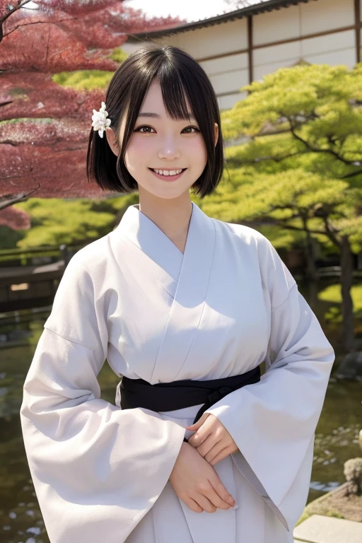 Japanese with black eyes A smiling face of a beautiful girl in Japanese clothes high resolution