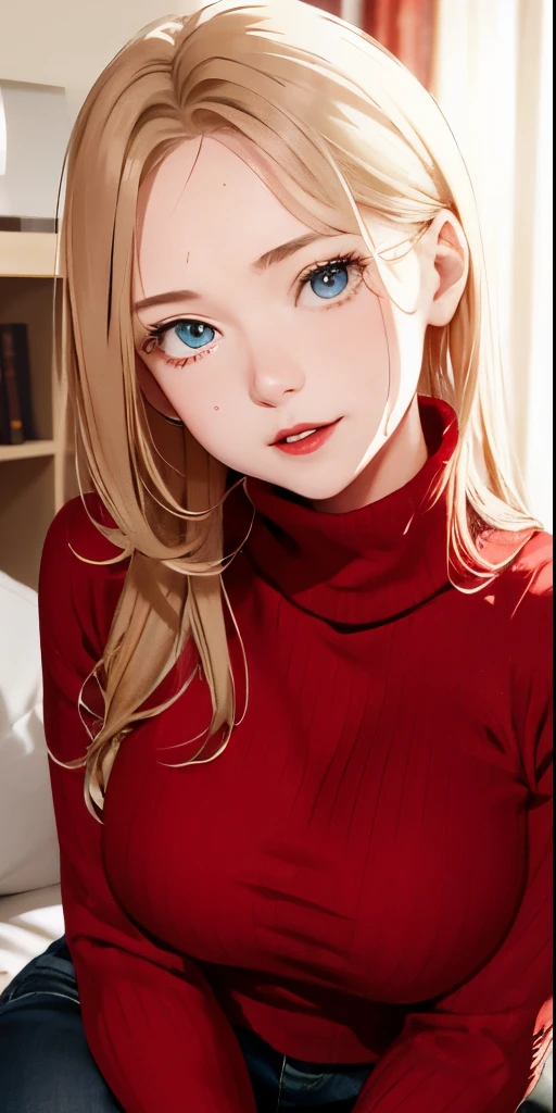 realisticlying、show through、17 year old girl、Wearing a red sweater,Face enhancement,Chest super large zoom,Cleavage emphasis,Looking up from the bottom,Hair blonde,Blue eyes、Blushing,Red lips,A sexy,Bed sit,Open your mouth wide、Put your arms around the back of your head、Wearing a turtleneck sweater,Sweaty face