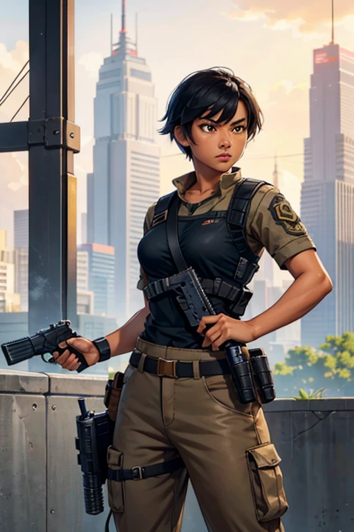 Call of Duty girl, beautiful Filipino girl in her mid 20's, amber eyes, tan skin, short black hair, tan pants with holster, tan clothes, tactical holster, and holding pistol, shooting, shot, shots, spark, angry, Fighting, fight,
