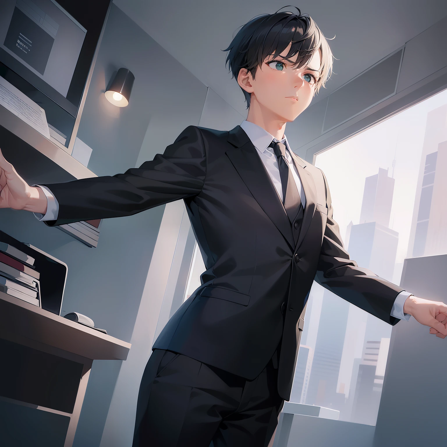 dutch angle, (looking away:1.5), masterpiece、high quality、25-year-old man with short black hair and green eyes、wearing a suit、wearing a white shirt、Wearing a tie、(Alone:1.5)、(Expressionless:1.1)、The background is an office、computer、bold composition、