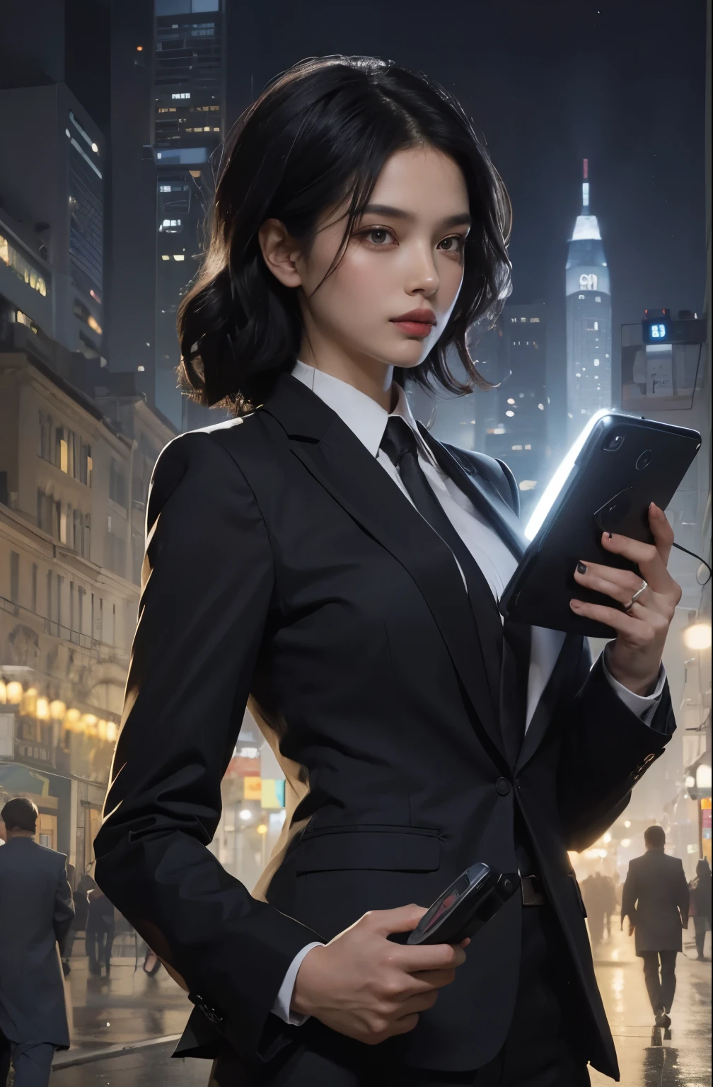 Beautiful woman. Detailed drawing of the face. A masterpiece. Black hair. He is wearing a black business suit. In one hand, he holds a device that resembles a flashlight. She is standing in the middle of the city at night. An uninhabited city.