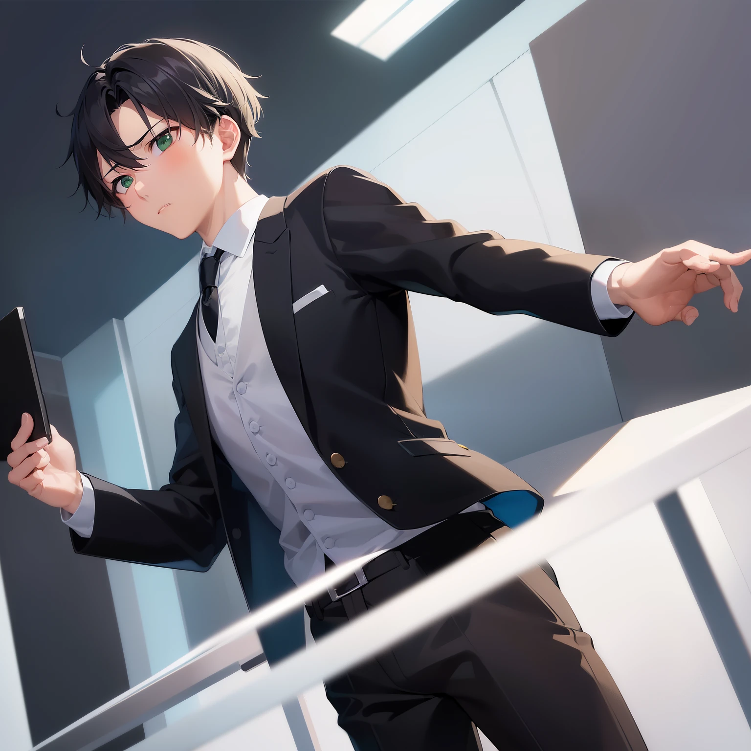 dutch angle, (looking away:1.5), masterpiece、high quality、25-year-old man with short black hair and green eyes、wearing a suit、wearing a white shirt、Wearing a tie、(Alone:1.5)、(Expressionless:1.1)、The background is an office、computer、bold composition、