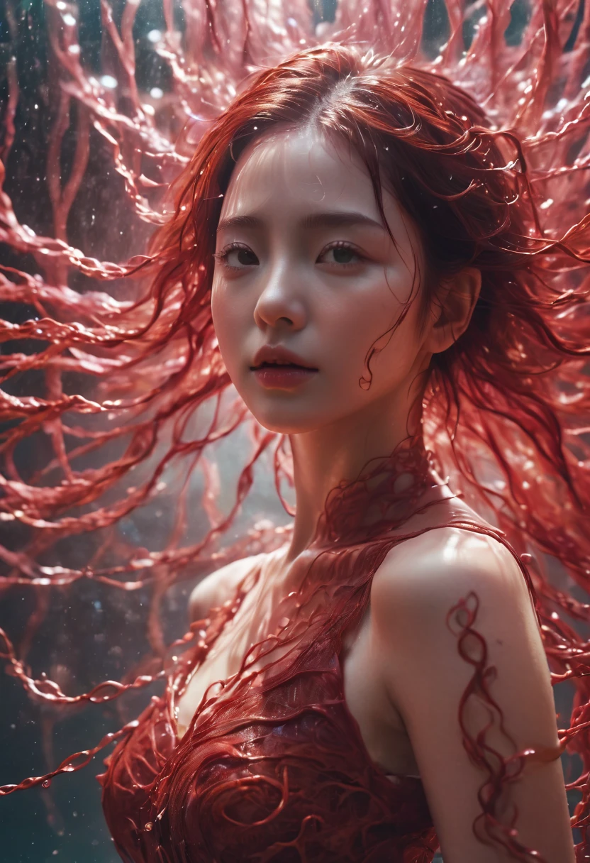 raw hyperrealistic candid photo of a girl who is covered clear depths clouded with swirling networks of crimson ais vessels, she is underwater, Extremely high-resolution details, photographic, realism pushed to extreme, fine texture, incredibly life like,35mm photograph, film, bokeh, professional, 4k, highly detailed, highly detailed