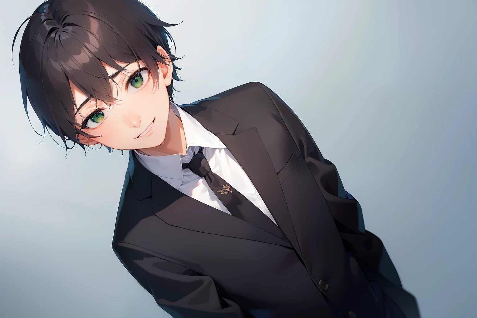 (Scratching head:1.3), masterpiece、high quality、25-year-old man with short black hair and green eyes、wearing a suit、wearing a white shirt、Wearing a tie、(Alone:1.5)、(A smiling expression of embarrassment:1.1)、The background is an office district like Ginza.、