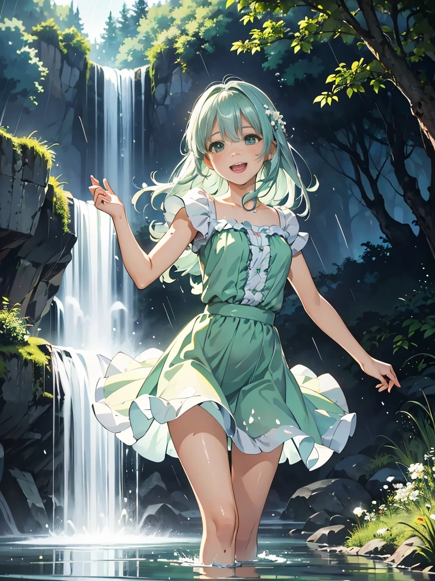 A laughing young woman in a pastel green chiffon dress dances in a fairytale rain.., High quality paintings that are realistic yet artistic.., cgsociety competition winner, Wet shirt effect, rain effect, Water Effects. splashing water, squirting,,Long Ong water splashed all over the area., Beautiful lighting elements, Beautiful corner, Smooth Movement, Winning photos, cute picture, Powerful photos, backlit photography, backdrop is the atmosphere is like being in a fairytale forest., There is a beautiful waterfall., It was filled with small white flowers and several fireflies., Spreading hair, Beautiful flowing skirt.