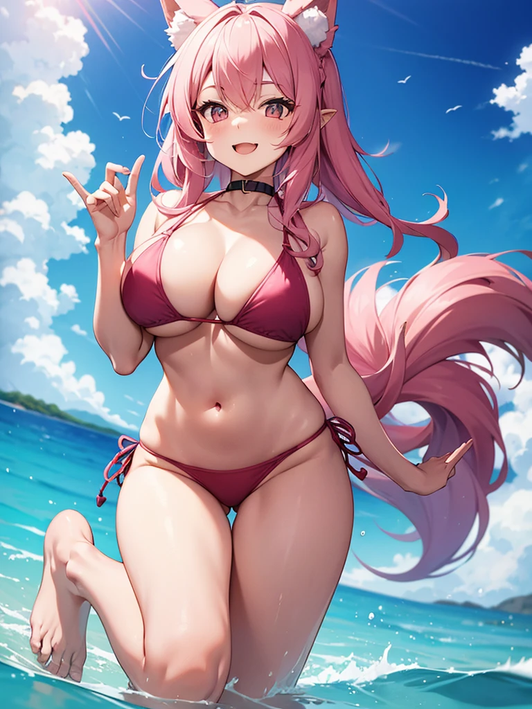 Happy woman, with wolf ears and pink hair, holding her cheeks, wolf tail, wearing a bikini, looking at veiwer, full body