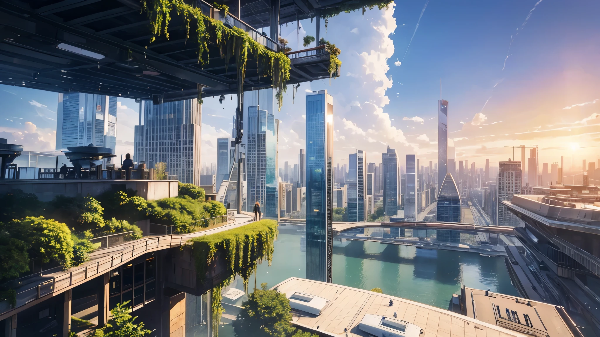masterpiece, best quality, 16K UHD, 8K,
ultra-detailed, photorealistic, photo-realistic: 1.37,
futuristic floating city, high resolution,
sitting, admiring the view,
surrounded by futuristic technology,
huge urban high-tech tablet platform, airship,
floating in the sky, suspended parking,
transparent path, lush greenery, sky gardens,
cascading waterfalls, magnificent skyline,
reflections on the water, sparkling river,
architectural innovation, futuristic skyscrapers,
transparent dome,