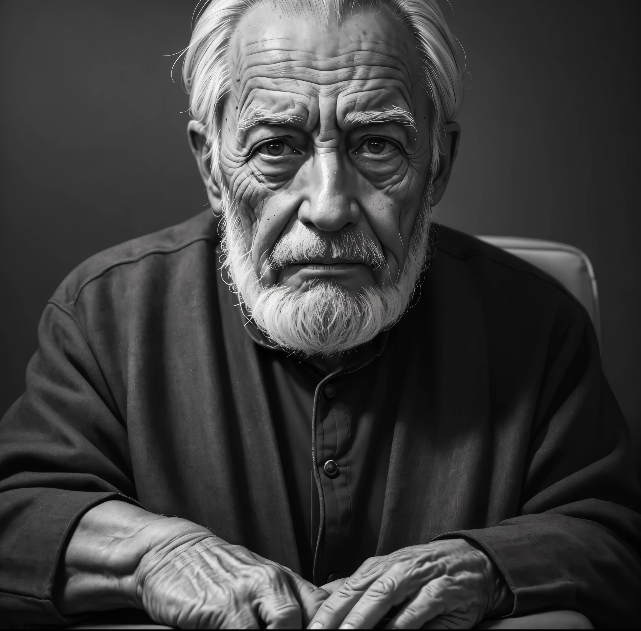 (best quality,highres,masterpiece:1.2),charcoal art style,canvas,elderly man portrait seated in a chair,intense gaze,open eyes,detailed facial features,wrinkles,greying hair,realistic shading,grayscale,2D, monochromatic, blaxk