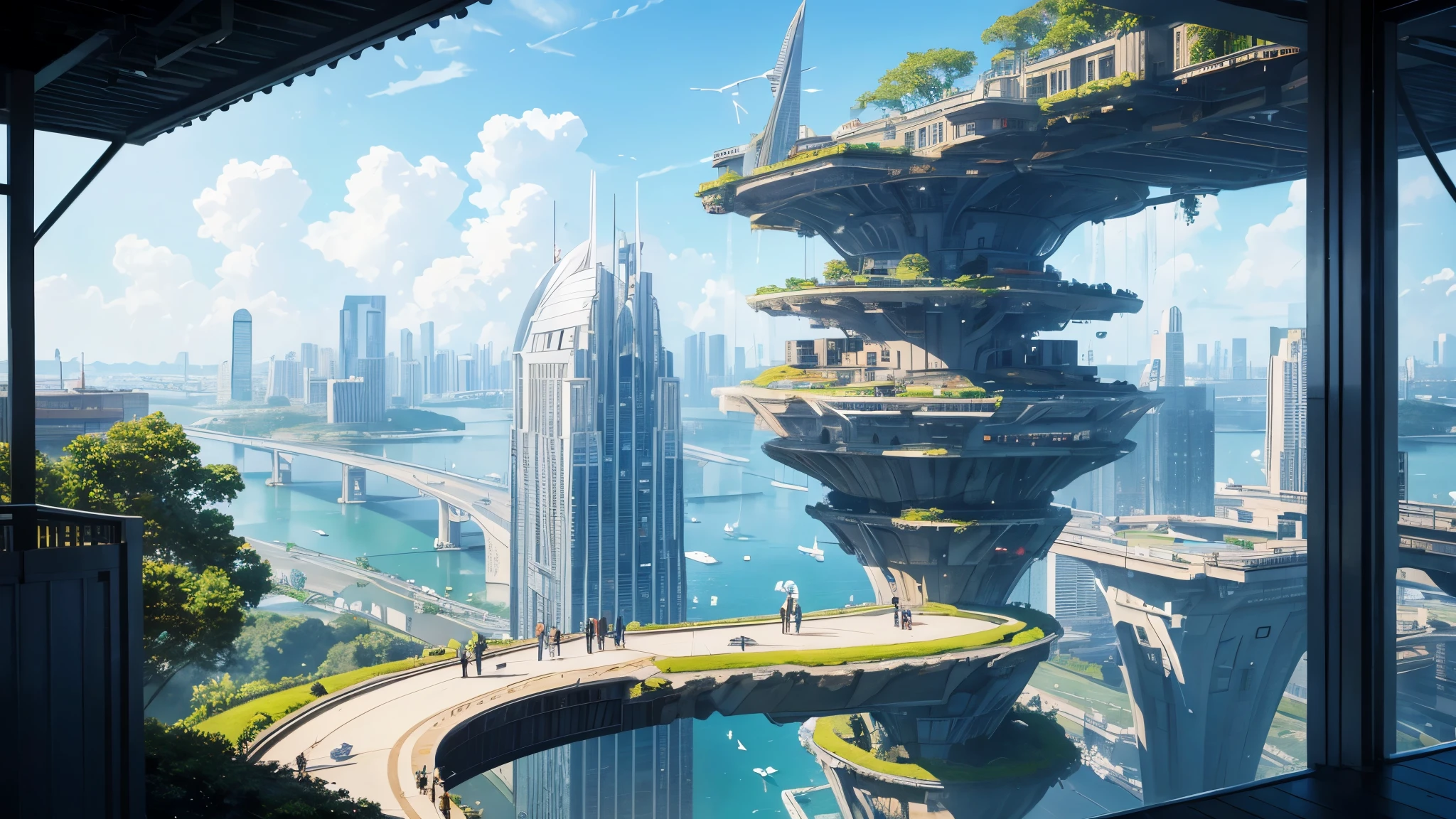 masterpiece, best quality, 16K UHD, 8K,
ultra-detailed, photorealistic, photo-realistic: 1.37,
futuristic floating city, high resolution,
sitting, admiring the view,
surrounded by futuristic technology,
huge urban high-tech tablet platform, airship,
floating in the sky, suspended parking,
transparent path, lush greenery, sky gardens,
cascading waterfalls, magnificent skyline,
reflections on the water, sparkling river,
architectural innovation, futuristic skyscrapers,
transparent dome,