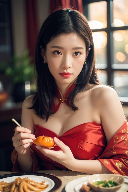wide angle photography realistic, shot by Nikon-z9, (50mm lens, f/1.4, ISO 100), A woman model wears a Mandarin gown red color to celebrate the Chinese New Year. On the table there is an offering of food to celebrate the Chinese New Year, (RAW photo), (photorealistic), (masterpiece), (intricate detailed), (best quality), (professional photography), (realistic:1.5), (soft light), (defuse lighting:0.7), (ambient lighting:0.6), (rim lighting,:1.2), fine textures, (depth of field:1.2), (bokeh:1.2), (face focus), film overlay, film grain,