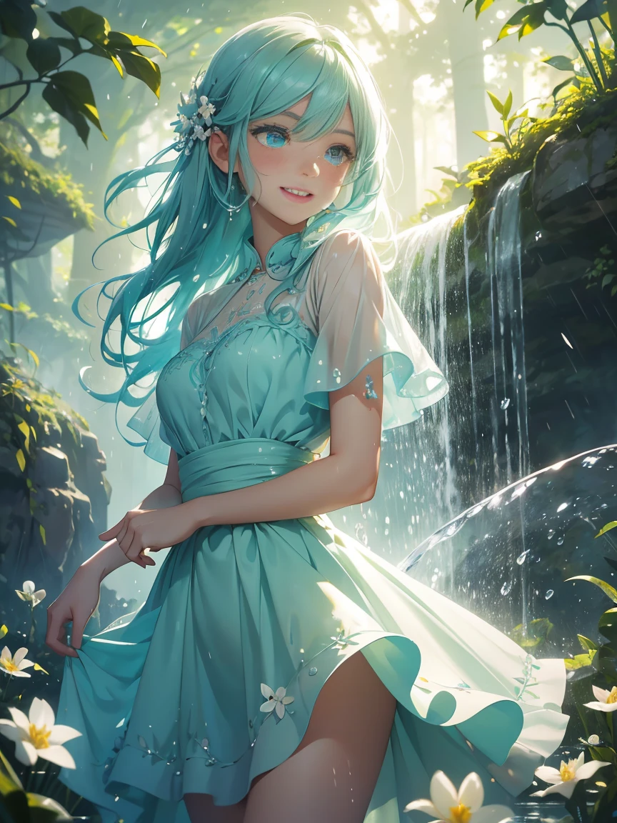 A laughing, blue-eyed girl in a pastel green chiffon dress dances in the fairytale rain.., High quality paintings that are realistic yet artistic.., cgsociety competition winner, Wet shirt effect, rain effect, Water Effects. splashing water, squirting,,Long Ong water splashed all over the area., Beautiful lighting elements, Beautiful corner, Smooth Movement, Winning photos, cute picture, Powerful photos, backlit photography, backdrop is the atmosphere is like being in a fairytale forest., There is a beautiful waterfall., It was filled with small white flowers and several fireflies., Spreading hair, Beautiful flowing skirt.