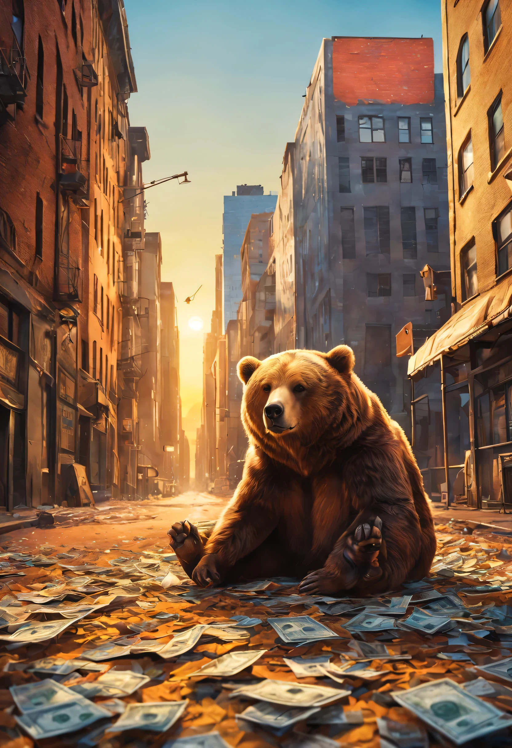 Dream illustration, fairytale-like, Oil painting, 8K,k hd, Bear from wallstreet, Face, bad, snorting, mouth closed, Background, new york buildings with money flying, HD, Golden, Light yellow, sunrise colors, Golden light atmosphere (Digital drawing:1.2), Comic style, ToonYou Style, Illustrative funk, Counterwave graffiti, Front view, Ultra HD, Realistic, Vivid colors, Highly detailed, Ultra HD drawing, pen and ink, Perfectcomposition, beautiful detailed intricate insanely detailed octane render trending on artstation, 8K Art Photography, Arte conceptual fotorrealista, soft natural volumetric cinematic perfect light
