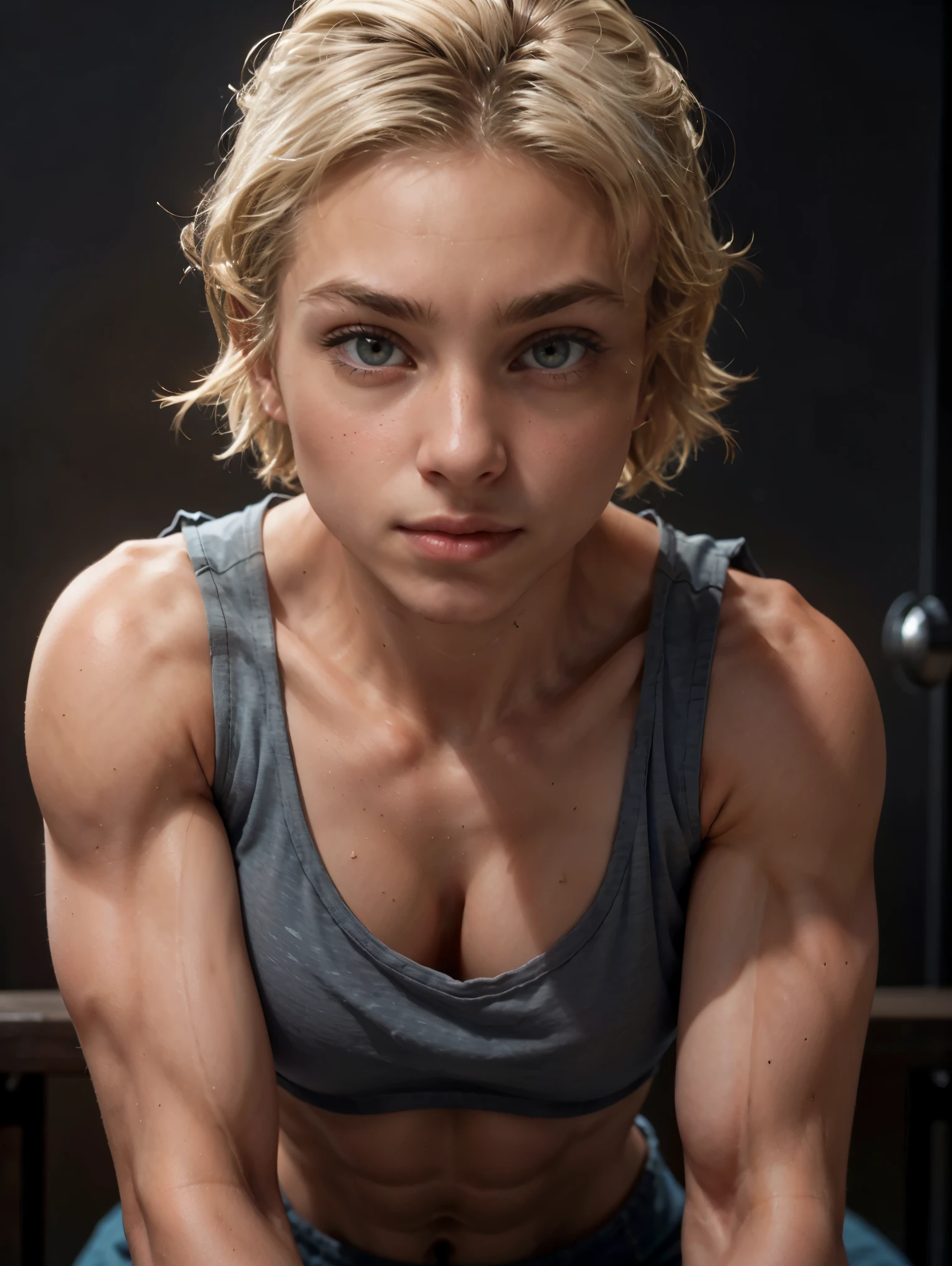 (Muscular:1.1), blonde female, bokeh, (freckles:0.8), upper body view, bokeh, detailed eyes, (athletic body:1.0), (muscular body:1.3), (looking at viewer) (Bulky:1.1), (swaggy), dark studio, rim lighting, two tone lighting, dimly lit, low key (DETAILED SKIN), very excited, sexual, kneeling, mma fight ring, masturbating, orgasm, collar, very large breasts, (little cutoff tanktop:1.5), hardened nipples, oiled skin, bob cut