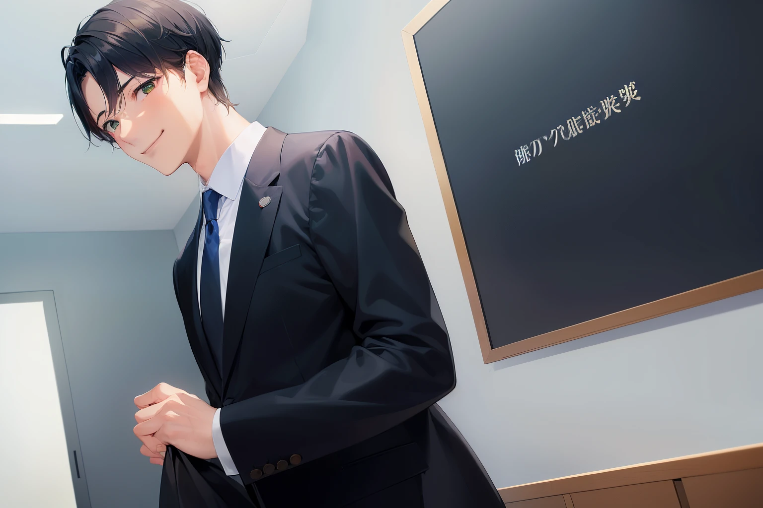 (Scratching head:1.3), masterpiece、high quality、25-year-old man with short black hair and green eyes、wearing a suit、wearing a white shirt、Wearing a dark blue tie、(Alone:1.5)、(A smiling expression of embarrassment:1.1)、The background is an office district like Ginza.、