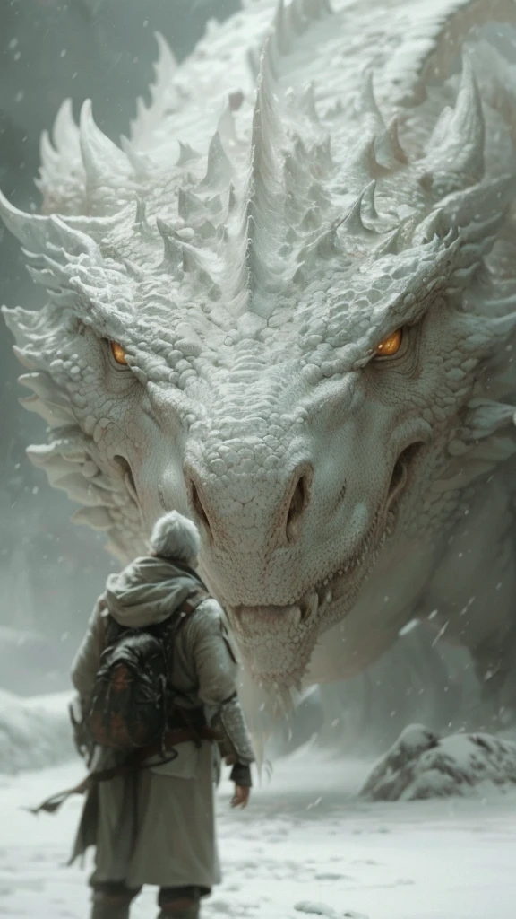 A man stands in front of a huge white dragon in the snow, Surrealismd & d fantasy art, hyperrealistic fantasy art, Wojtechfors, Jessica Rossier Fantasy Art, person with dragon soul, 4k fantasy art, highly detailed fantasy art, realistic fantasy art, Thomas Allen Koppella and cgociety, Highly realistic concept art