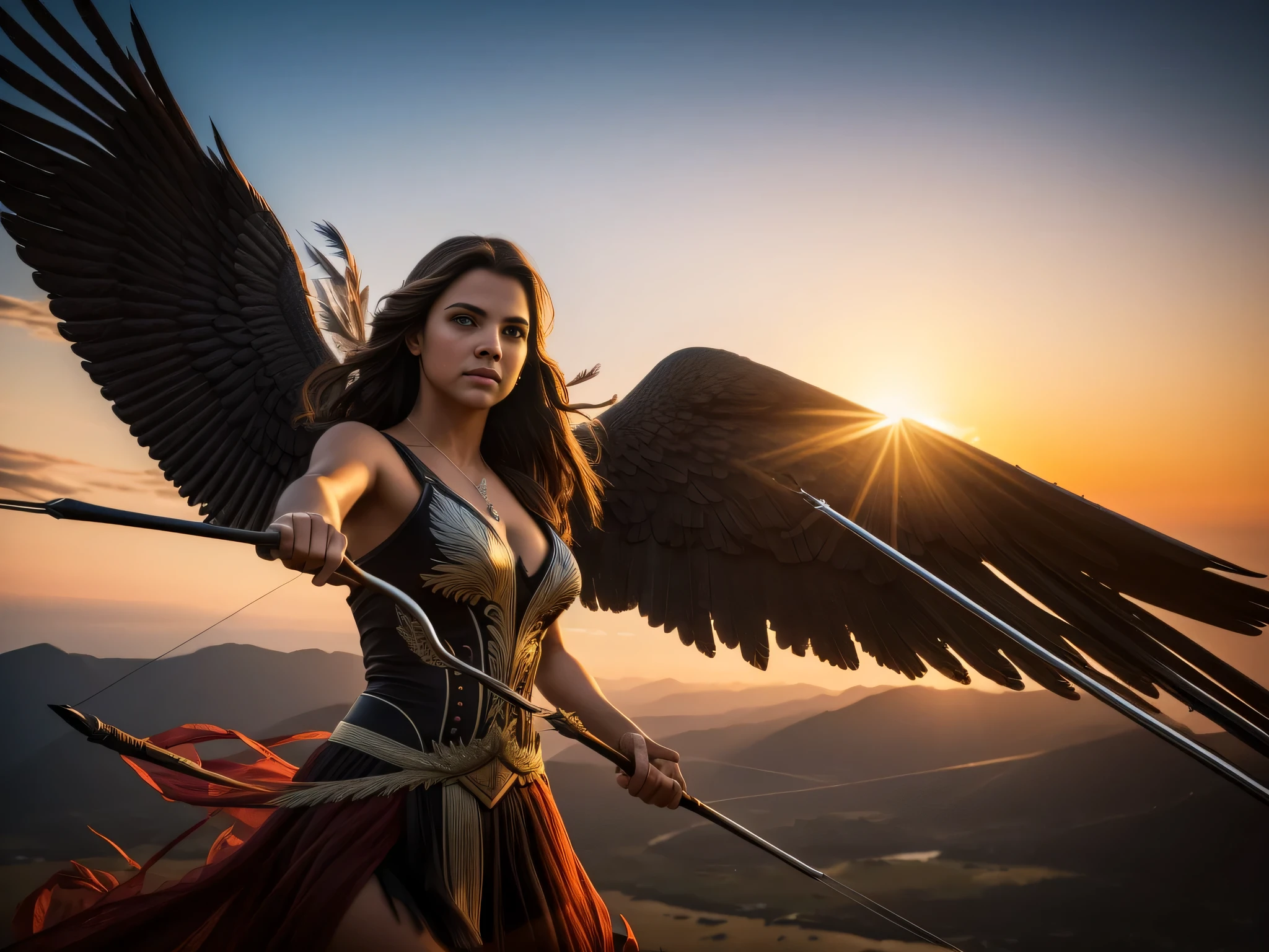 (RAW Style, masterpiece, highest quality, super detailed), angel prepares bow and arrow, cape with large rippling feathers, elevation angle, Bright colors, sunset background, cinematic effects, (high contrast, film grain), dramatic side lights, ultra high resolution, intricately patterned wings, Focus firmly on facial expressions, intense details, fine plumage, Realistic texture, cinematic lighting, dramatic shadow, epic scene.
