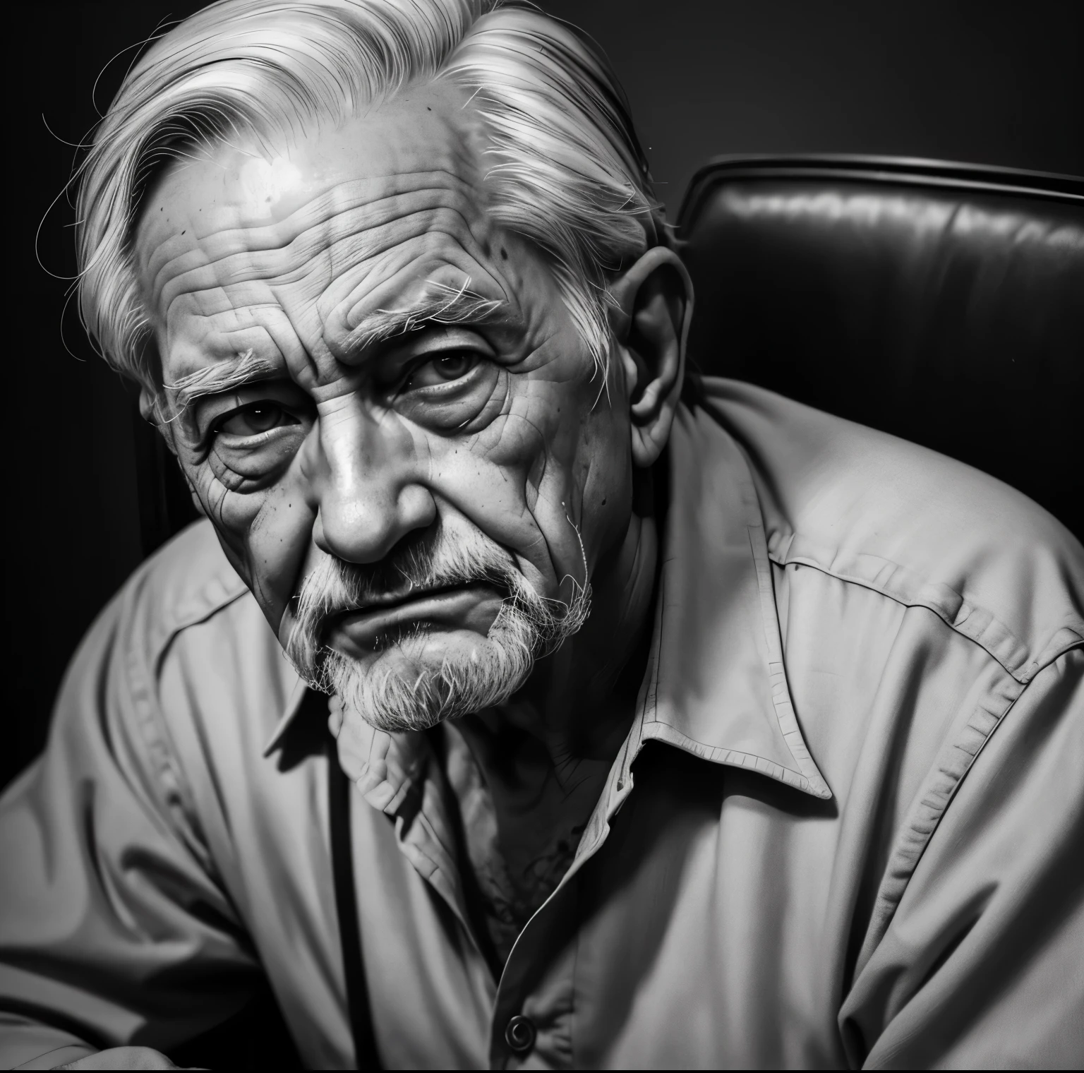 (best quality,highres,masterpiece:1.2),charcoal art style,canvas,elderly man portrait seated in a chair,intense gaze,open eyes,detailed facial features,wrinkles,greying hair,realistic shading,grayscale,2D, perfect face texture. Sad face. Black and White, perfect edges, poetic expression, contrasting