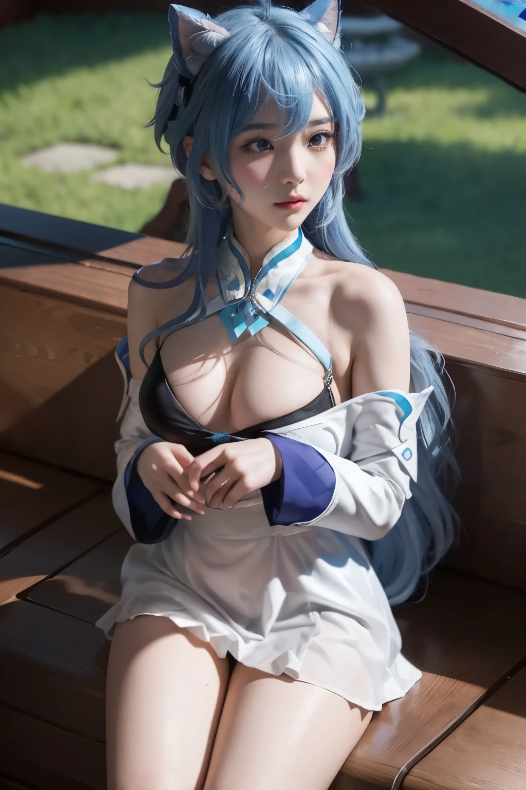 Impeccable，（（（from above））），（（（octave shot））），Ultra-clear，Volumetric lighting，realistically， and cute， Cute little ，very shy，Sexy big breasts， fair and soft skin， Eyes are very delicate，Delicate nose，delicate little ，（（（blue））），one of the beautiful girls，cute female ，round little face，（External），bare shoulders，Naked waist，the creamy smooth skin，full-body shot，aqua of konosuba，Anime girl role play，anime role play，Professional role play，role play，Female Emperor Han Cook，Inspired by Leng Mei，2263539546]，Hatsune Miku role play，blue skin，I will deny this，role play照片，8k）），full role play，