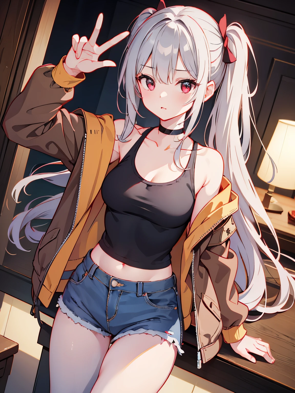 masterpiece, Highest quality, beautiful, high resolution, perfect anatomy, Beautiful gray hair、Beautiful red eyes、Longhaire、Tank tops、denim shortpants、a choker、 black pantyhose, brown jacket, selfie style、selfee、piece、piece sign、 8K、a beauty girl、 Nice、 Beautiful hair、 Beautiful eyes、 Beautiful skin、Beautiful legs、Beautiful arms、Perfect fingers、 Very cute、 Very kawaii、