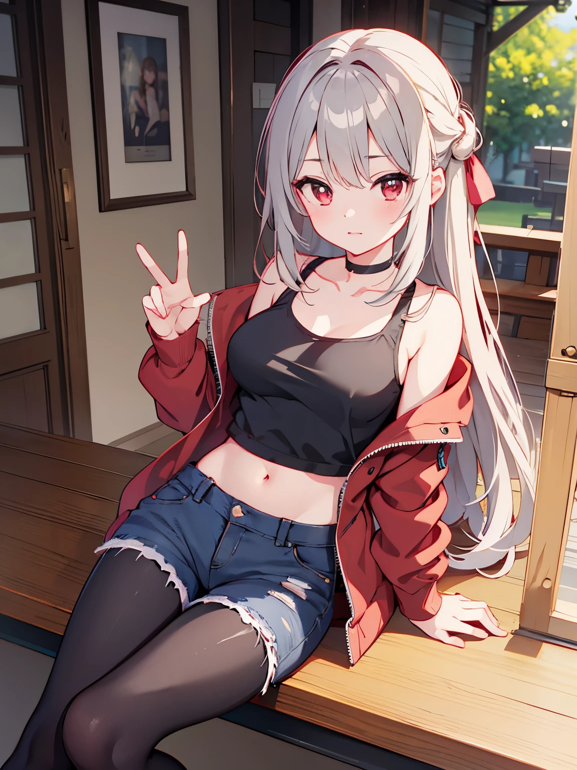 masterpiece, Highest quality, beautiful, high resolution, perfect anatomy, Beautiful gray hair、Beautiful red eyes、Longhaire、Tank tops、denim shortpants、a choker、 black pantyhose, brown jacket, selfie style、selfee、piece、piece sign、 8K、a beauty girl、 Nice、 Beautiful hair、 Beautiful eyes、 Beautiful skin、Beautiful legs、Beautiful arms、Perfect fingers、 Very cute、 Very kawaii、