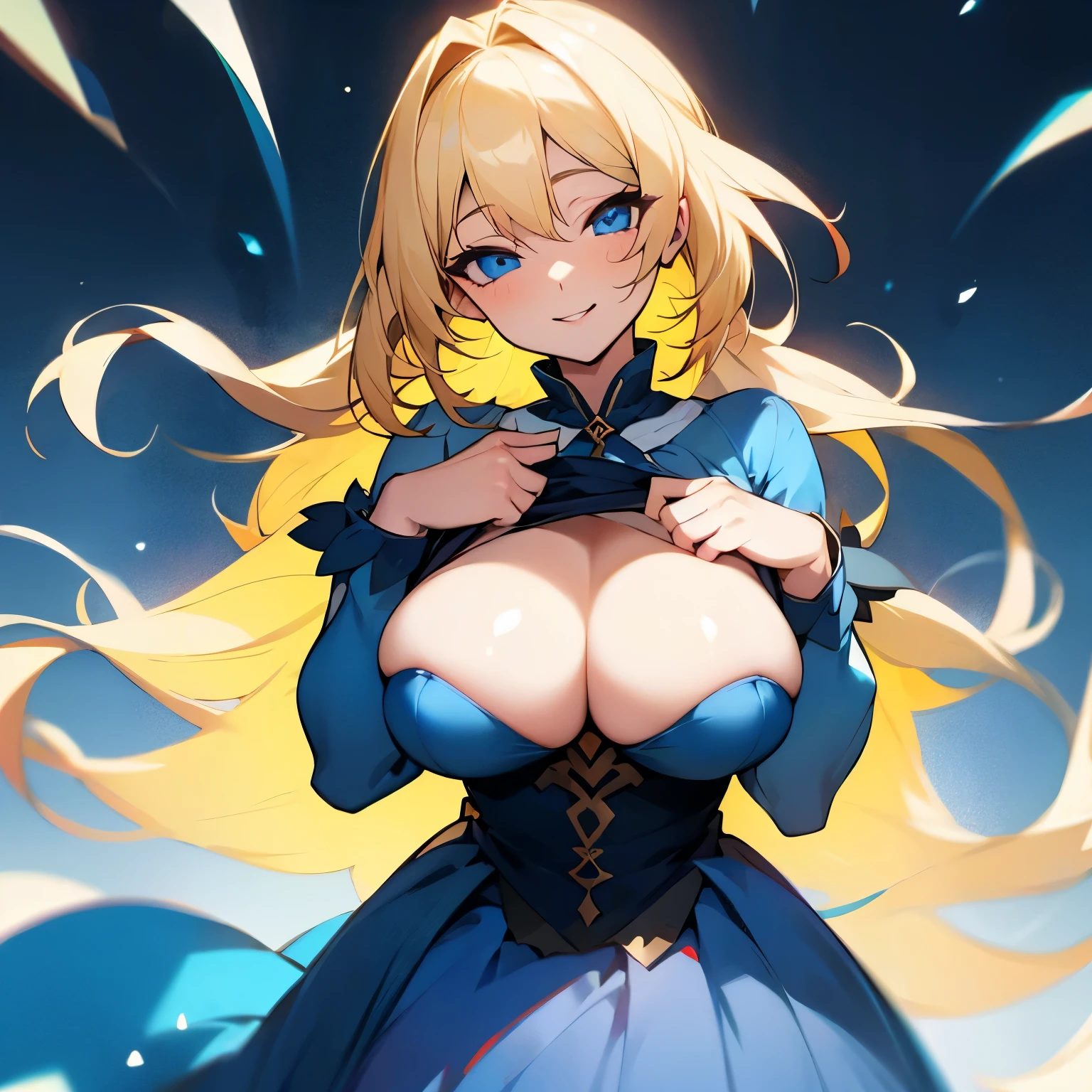 blonde hair, long hair, blue eyes, huge ,,blue dress,side boob,smile, lusty eyes