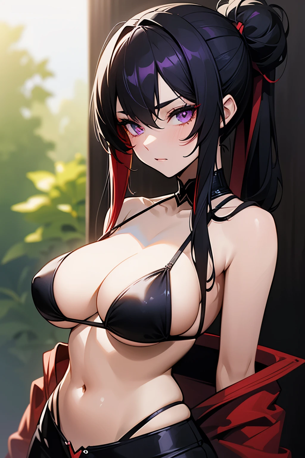 a woman in a bikini outside, seductive anime girl, violet eyes, dark purple eyes, beautiful gothic anime girl, detailed digital anime art, anime goth girl, extremely detailed eyes, black hair, goth anime girl with black hair, black hair with red highlights, dark red highlights in hair, cleavage, stomach, beautiful anime girl, beautiful alluring anime woman, extremely detailed artgerm, 8k, guweiz, detailed hands, medium length hair with red highlights, hair tied up, detailed face, two arms