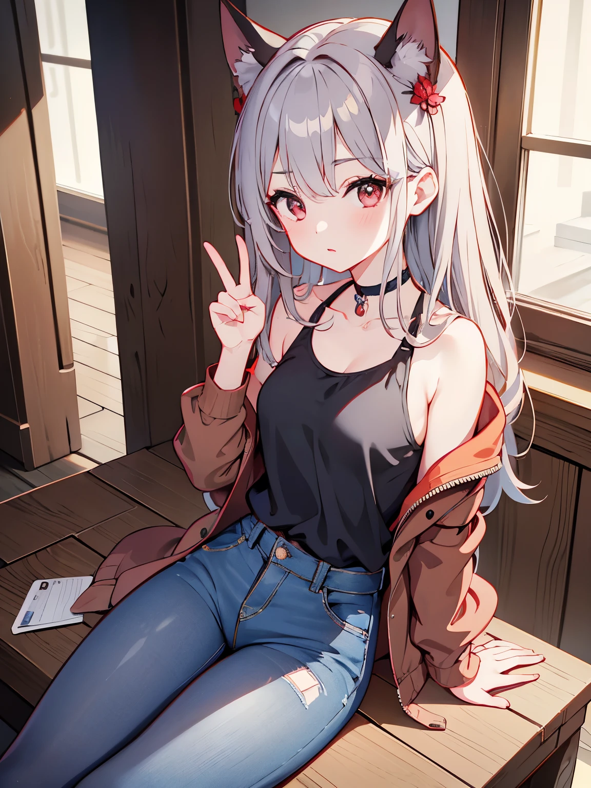 masterpiece, Highest quality, 1 Girl, beautiful, high resolution, perfect anatomy, Beautiful gray hair、Beautiful red eyes、Longhaire、Tank tops、denim shortpants、a choker、 black pantyhose, brown jacket, selfie style、selfee、piece、piece sign、 8K、a beauty girl、 Nice、 Beautiful hair、 Beautiful eyes、 Beautiful skin、Beautiful legs、Beautiful arms、Perfect fingers、 Very cute、 Very kawaii、
