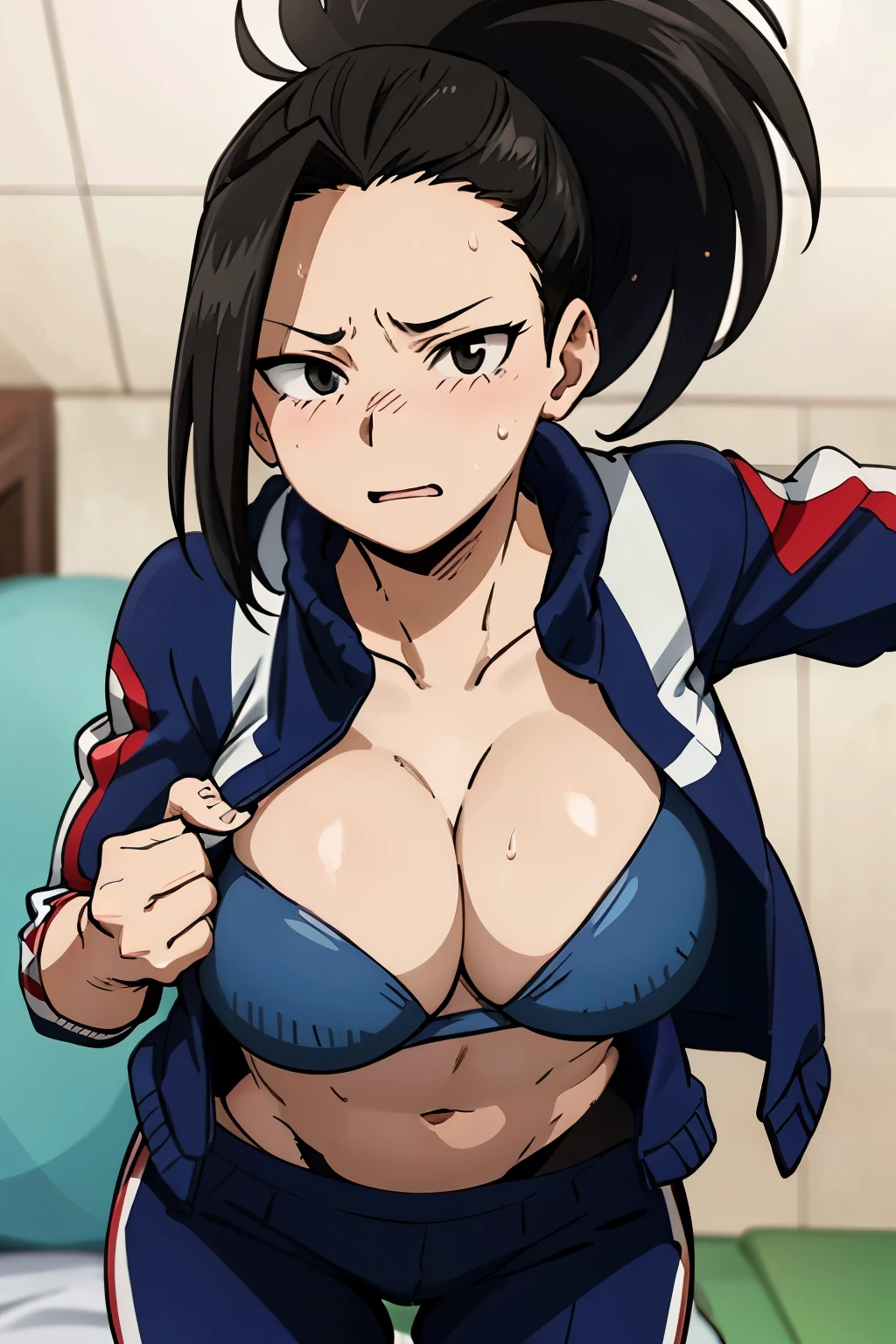 (masterpiece), Yaoyorzu Momo, 1 girl, alone,(large breast:1.7),cleavage,full bust,black bra, (toned stomach:1.4),(slender:1.4),black hair, belly button, cleavage, clavicle, Jacket, ponytail,bedroom, open clothes,abdomen, pants,black eye,frown, blue Jacket, track Jacket,pulled my hair back, track pants, (nice hands), breath,sweat,wet,smirk,nose blush,frustrated,open mouths,(from below),(bent over),looking at the viewer,breast close-up