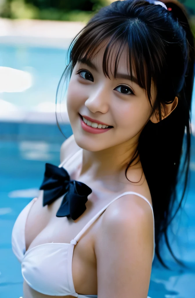 masterpiece, best quality, ultra-detailed, extremely detailed, 4K, 8K, best quality, beautiful, dynamic angle, upper body, raise a hand, full body focus, pool, daytime, summer, a cute girl, 1girl, solo, micro-bikini, beautiful black hair, beautiful black eyes, beautiful eyes, white-skinned, long hair, ponytail, large breast, slim, slender, bowtie, light smile, ashamed, soap bubble effect, shiny-glistening, gleaming, wetted by water
