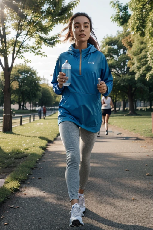 woman running in the park with a bottle of water in hand living a healthy life sideways without showing her face and wearing long clothes