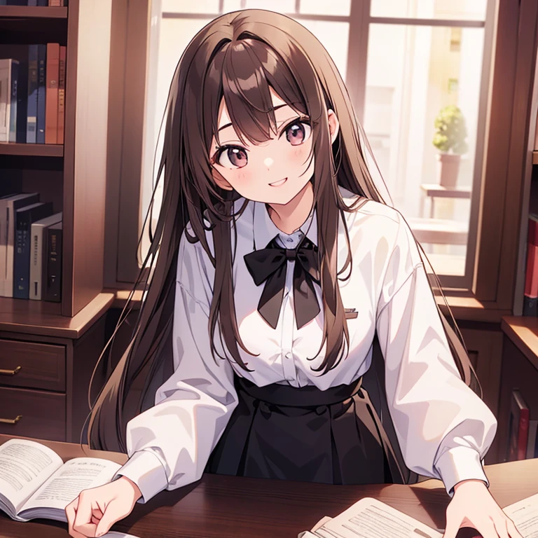 20 years old、Very tall、pretty、Long brown hair、Bangs that reach the eyebrows、White shirt、black tie、black skirt、library、First-person perspective、sitting、Hand on the table、Hold your head with one hand、Smile