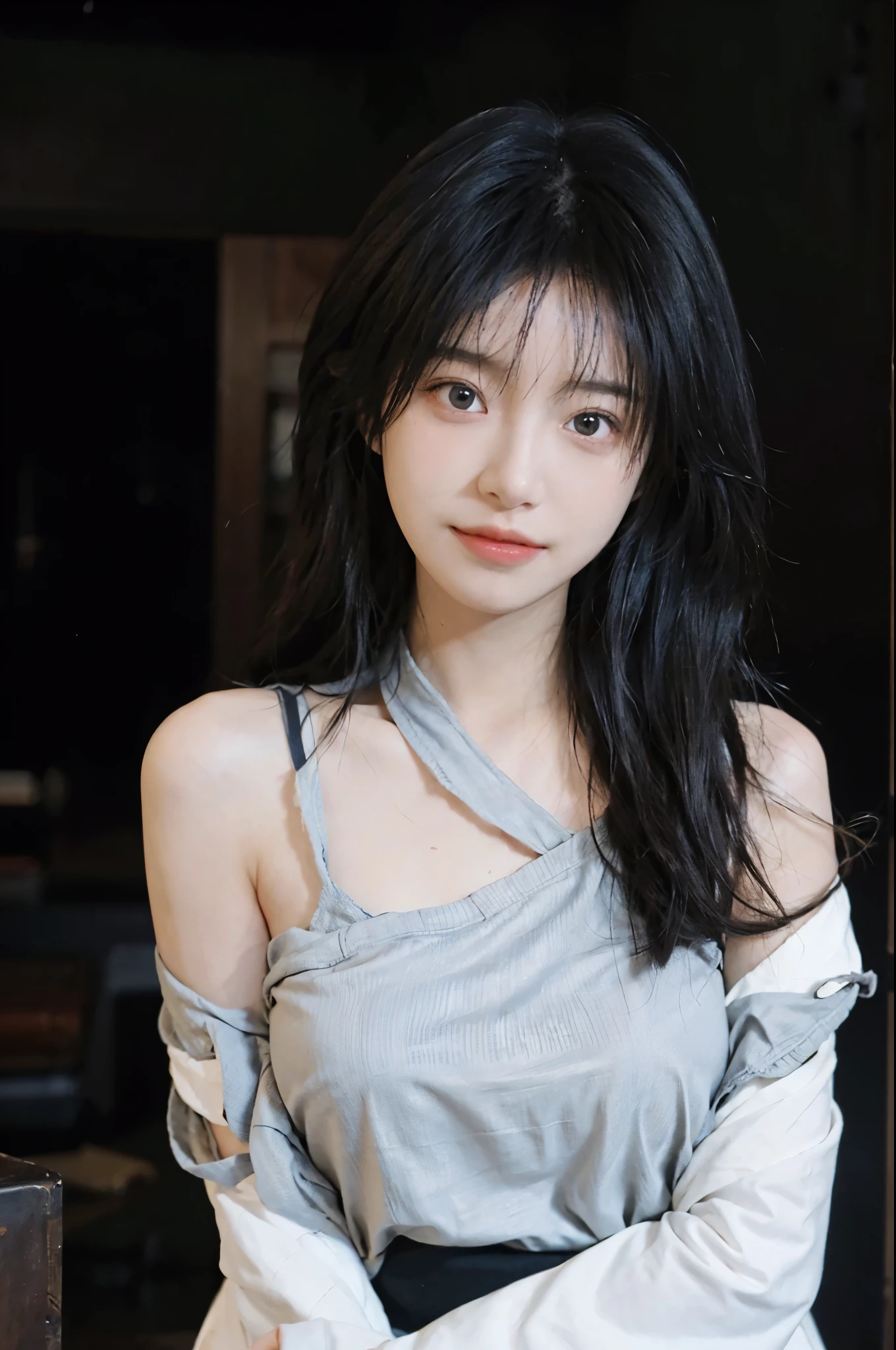 (realistic :1.5), official art, Unity 8k quality, Super details, Fine skin details, (angle), Texture, light, masterpiece, best picture quality,1 girl,giggle,curls,big eyes,Shoulder,in the darkness,deep shadow,clp style,backlight, rim light, national foundation,Mix 4,hanfu,real
