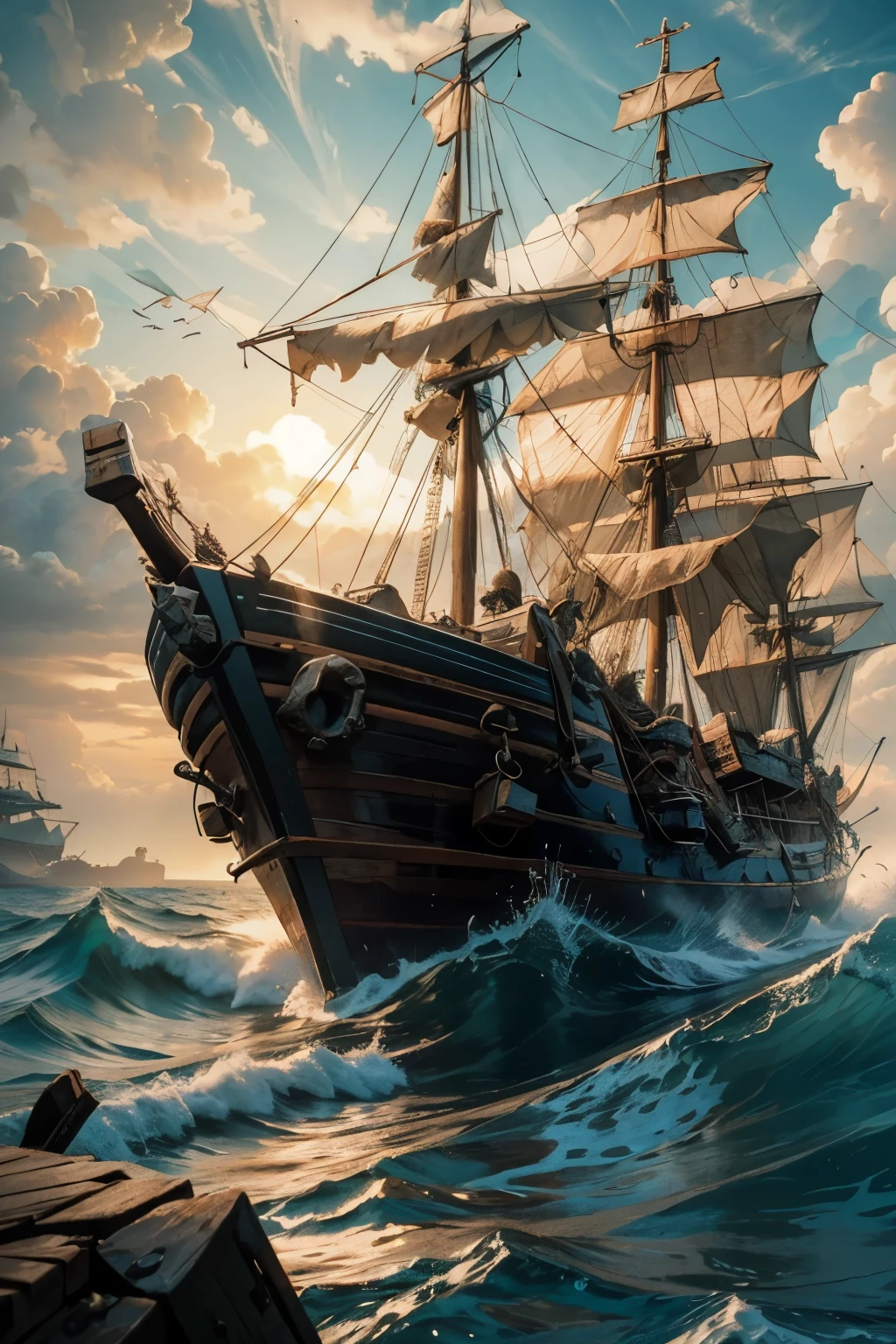 (High Definition, 1080p), Pirate's Island, Intense Battle Scene at the Island, Documentary Style, Realistic and Authentic, A Large Number of Pirates Visible, Vibrant and Colorful Scene, Detailed Description of the Pirates, Their Rough Skin Texture, Dirty Clothes, intricate Facial Features, Scarred Faces, Gripping Props, Sweat-drenched Bodies, Wooden Ships, Crashing Waves, Rustic Setting, Sun-kissed Sea, Roaring Fire, Smoke-filled Environment, Animated and Dramatic, Ultra-detailed Scene.