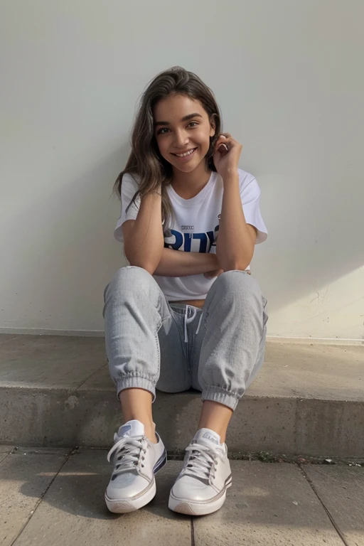 crie uma imagem 3d pixar-style retrato com visual clean e fundo branco de uma jovem de 17 anos, pele branca, cabelo crespo, olhos castanhos e grandes, sorrindo, blusa preta com a cruz dourada vazia, gray jogger pants and allstar mid-top sneakers.