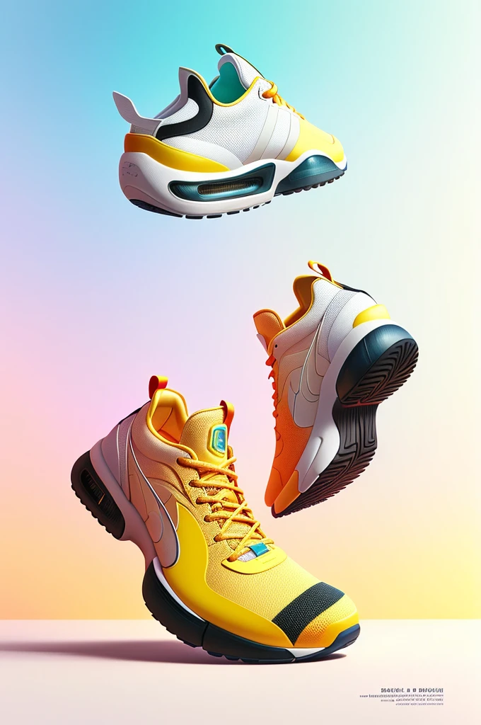 There is a poster，There is a shoe on it，Inspired by Mike Winkelmann, sneaker design, Bee style, futuristic sneakers, inspired by Yanjun Cheng, Smooth 3D CG rendering, beeple style, inflatable future shoes, Behance 3D Art Trends, basketball sneaker concept art, Behance 3D Art Trends