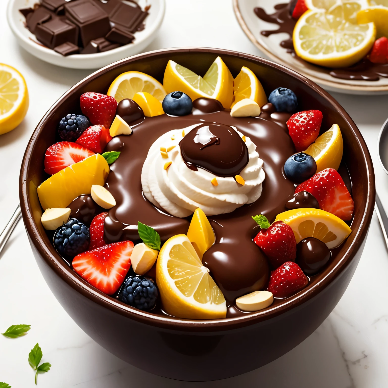 best quality,ultra-detailed,realistic,delicious fruit salad with chocolate melt topping,cartoon style,vibrant colors,playful atmosphere,juicy fruits,sweet aroma,fresh ingredients,chewy chocolate,irresistible dessert,tasty treat,tempting presentation,luscious toppings,crisp textures,perfectly blended flavors,summer vibes,satisfying indulgence,whimsical artistry,carefully crafted,decadent delight,delectable combination,picture-perfect creation,refreshing palette,elevated dish,enticing colors,irresistible temptation,evokes happiness,playful illustration,charming aesthetics,delightful feast.