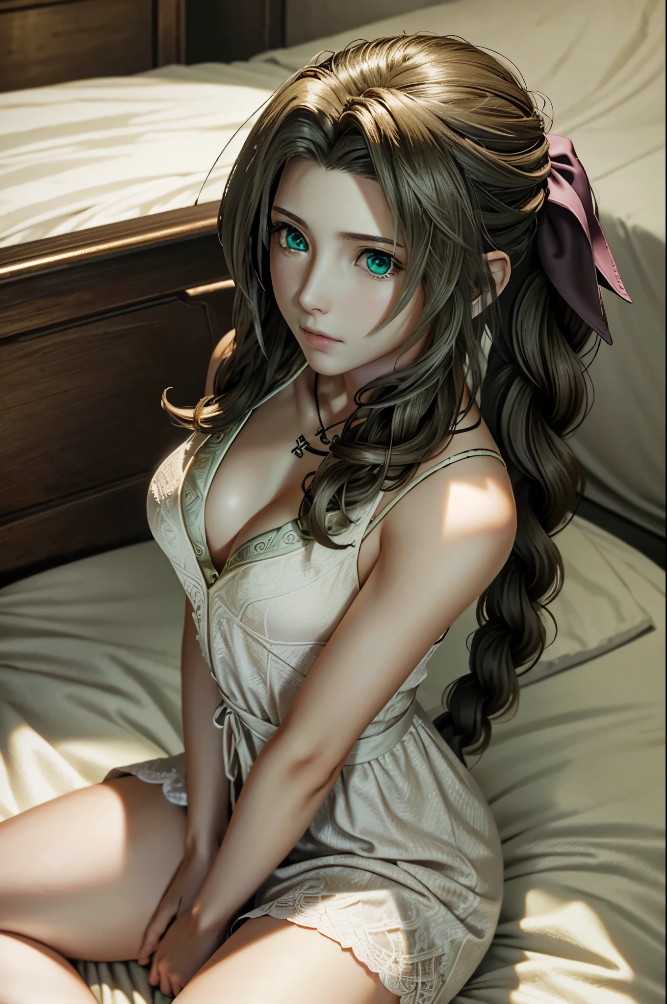 ((ultra detailed, masterpiece, best quality)) FF7Aerith, 1girl, solo, single braid, green eyes, brown hair, sit on bed
