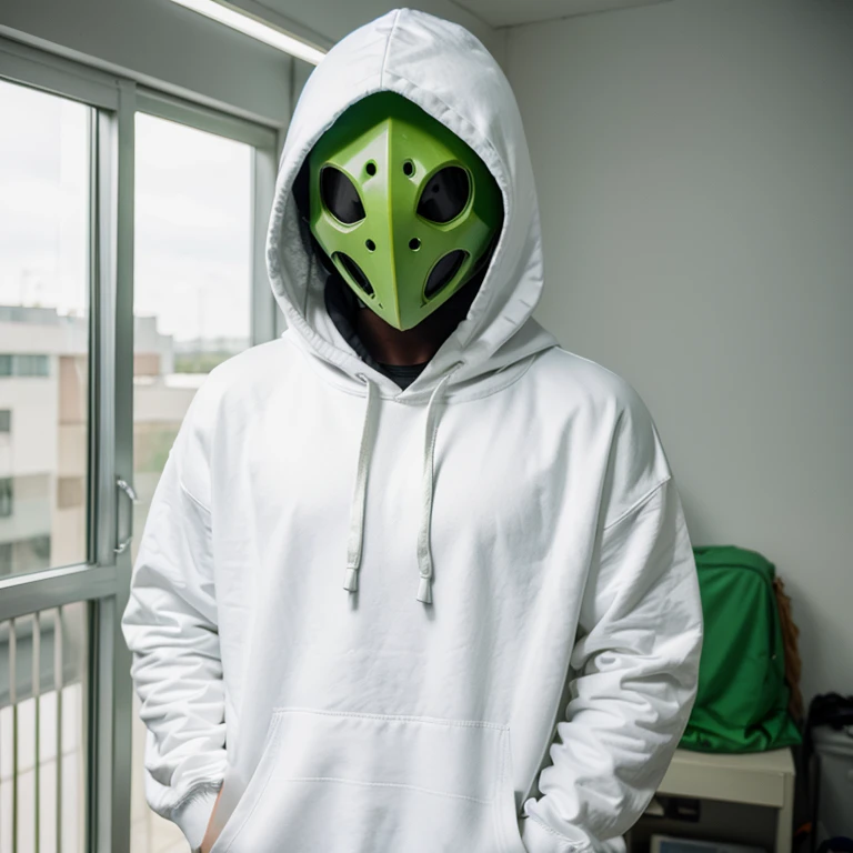 Make a hooded man in a white sweatshirt and a green alien mask in an anime version