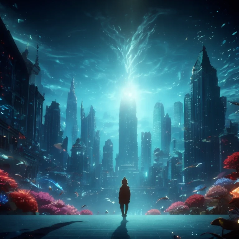 highest quality,4K,8K,High resolution,masterpiece,wide viewing angle,real,movie,magma,In the deep sea,fantastic underwater city,beautiful ecosystem,magmaの流れる光景,deep sea creatures and plants,mysterious atmosphere,Future,unique building,seaweed,coral,Contrast of shadows and lights in the city,Mystery of the deep sea