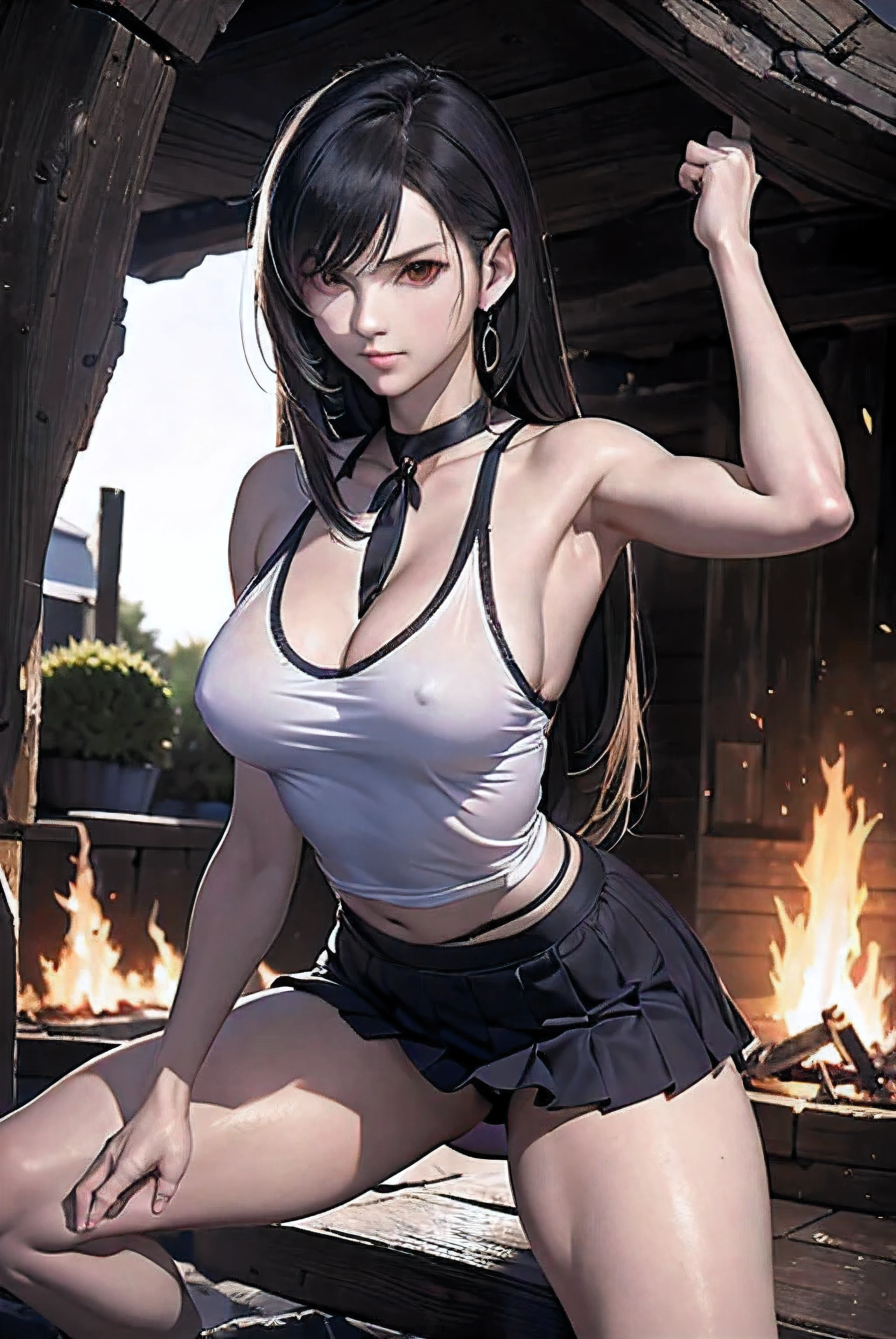 NSFW, white tank top with black trim and black skirt, inside the cave, black long hair, the girl has really red eyes, tifa lockhart, The girl is , beautiful skin, realistic anime, anime realism style, Output in 8K, highest quality,Natural light, professional lighting, shiny skin, silky skin, bonfire lighting, Looking over there, Show me your white panties, Low angle shooting, sexy shot, Pose in a deep dungeon, current battle, hi kick, kick